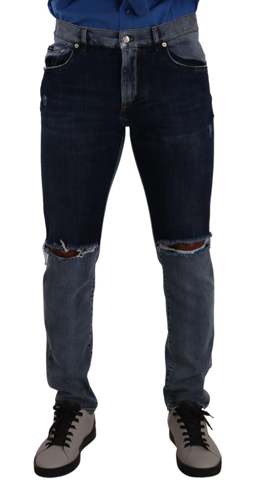 Dolce & Gabbana Blue Two Tone Tattered Cotton Slim Denim Jeans - Zeiniez