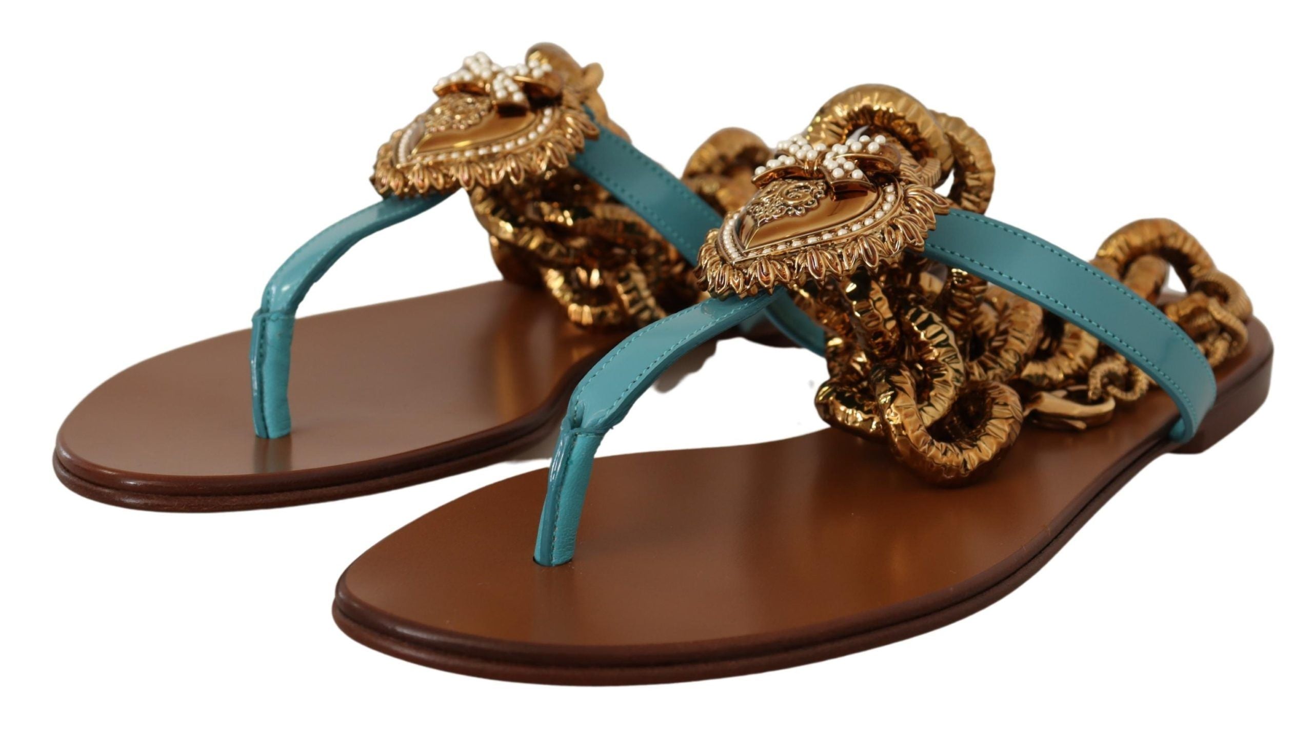 Dolce & Gabbana Blue Leather Devotion Flats Sandals - Zeiniez