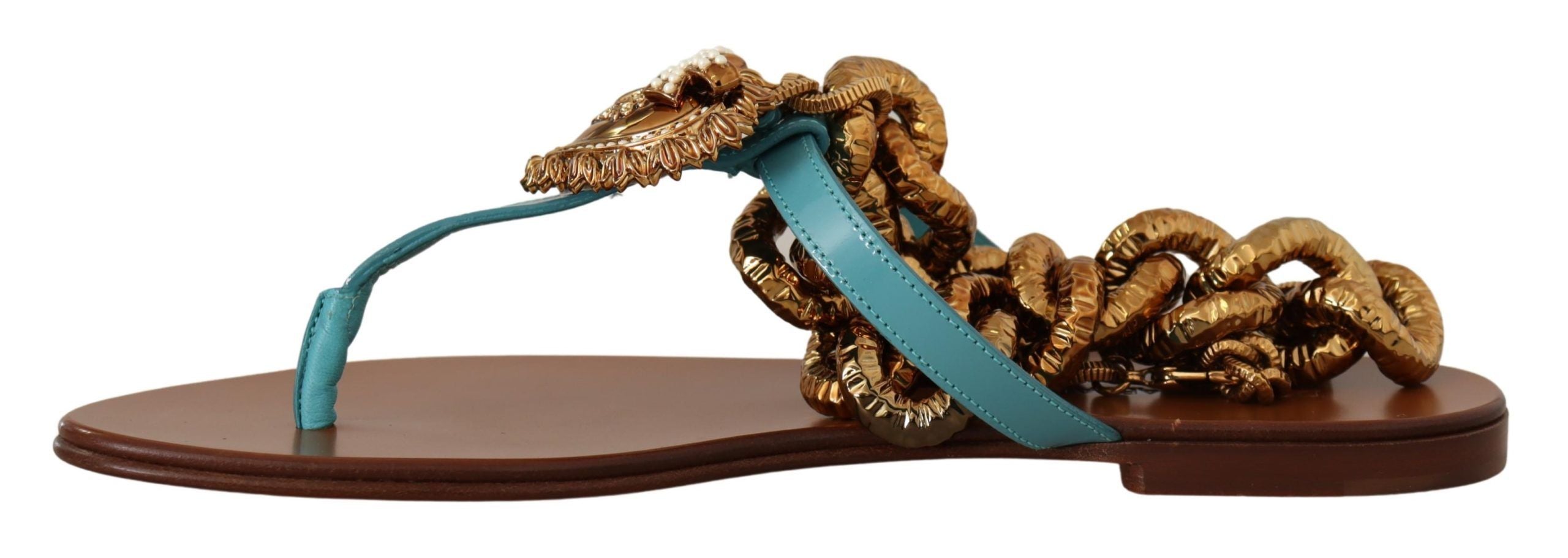 Dolce & Gabbana Blue Leather Devotion Flats Sandals - Zeiniez