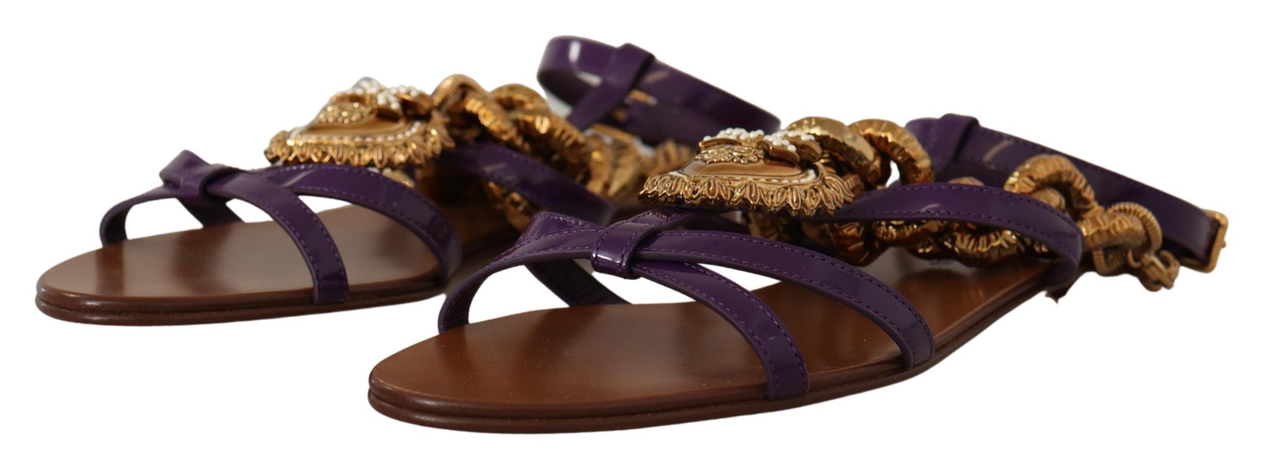 Dolce & Gabbana Purple Leather Devotion Flats Sandals Shoes - Zeiniez