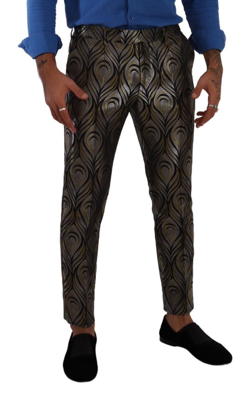 Dolce & Gabbana Silver Gold Jacquard Men Trouser Dress Pants - Zeiniez