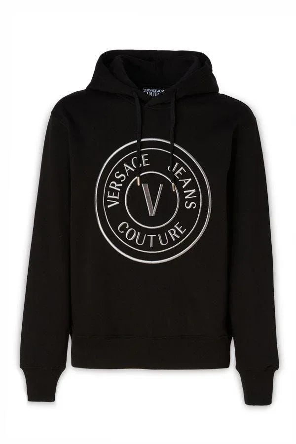 Versace Jeans Black Cotton Logo Details Hooded Sweatshirt - Zeiniez