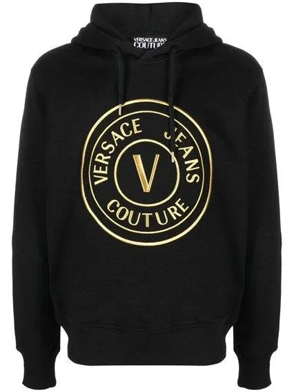 Versace Jeans Black Cotton Logo Details Hooded Sweatshirt - Zeiniez