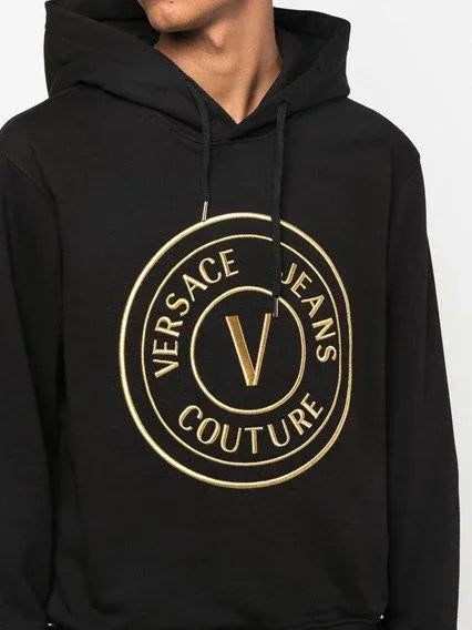 Versace Jeans Black Cotton Logo Details Hooded Sweatshirt - Zeiniez