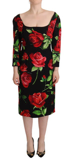 Dolce & Gabbana Black Red Roses Sheath Stretch Silk Dress - Zeiniez