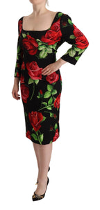 Dolce & Gabbana Black Red Roses Sheath Stretch Silk Dress - Zeiniez