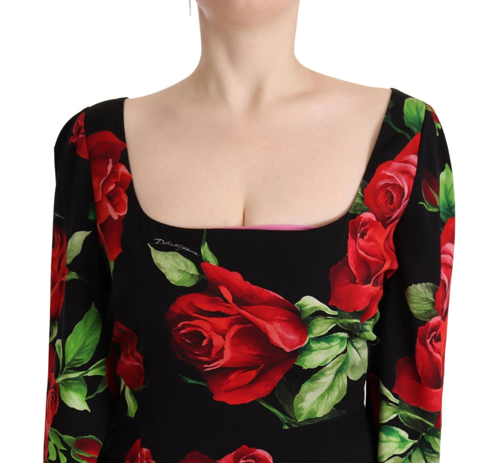 Dolce & Gabbana Black Red Roses Sheath Stretch Silk Dress - Zeiniez