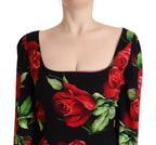 Dolce & Gabbana Black Red Roses Sheath Stretch Silk Dress - Zeiniez