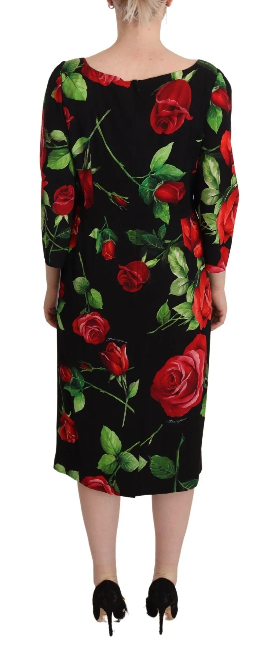 Dolce & Gabbana Black Red Roses Sheath Stretch Silk Dress - Zeiniez