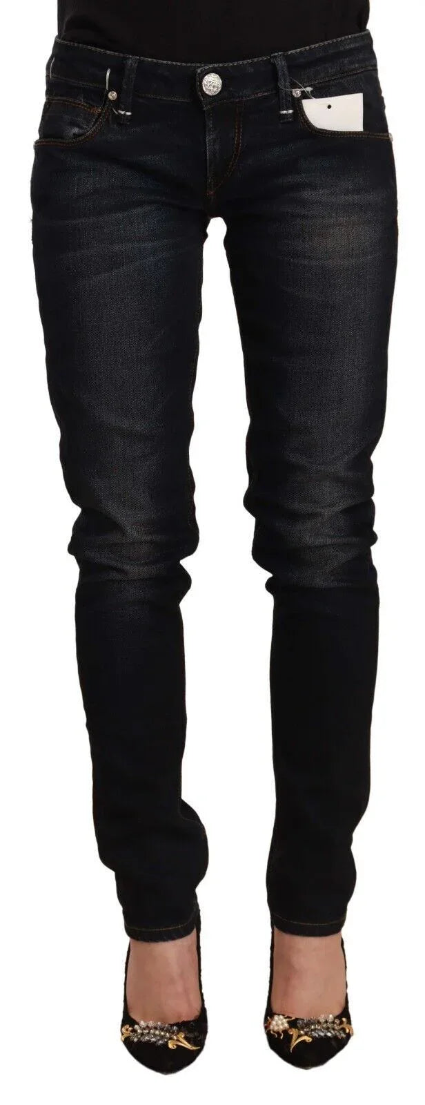 Acht Black Washed Cotton Low Waist Slim Fit Denim Jeans - Zeiniez