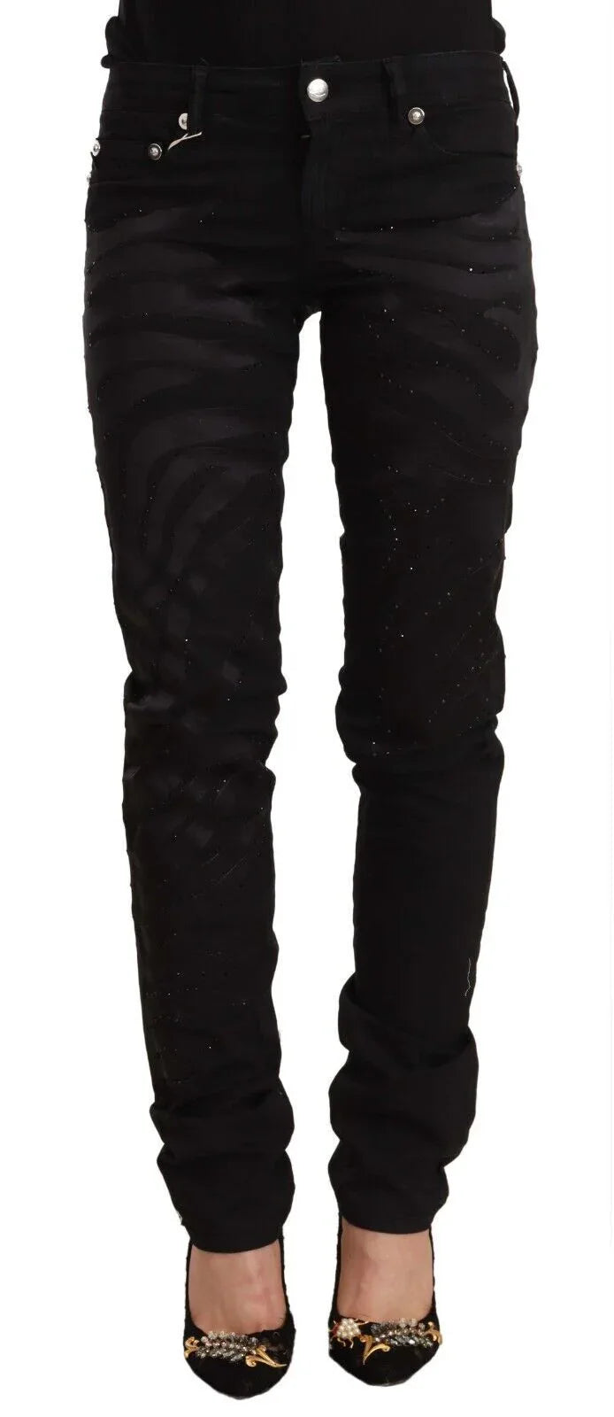 Just Cavalli Black Mid Waist Embellished Skinny Jeans - Zeiniez