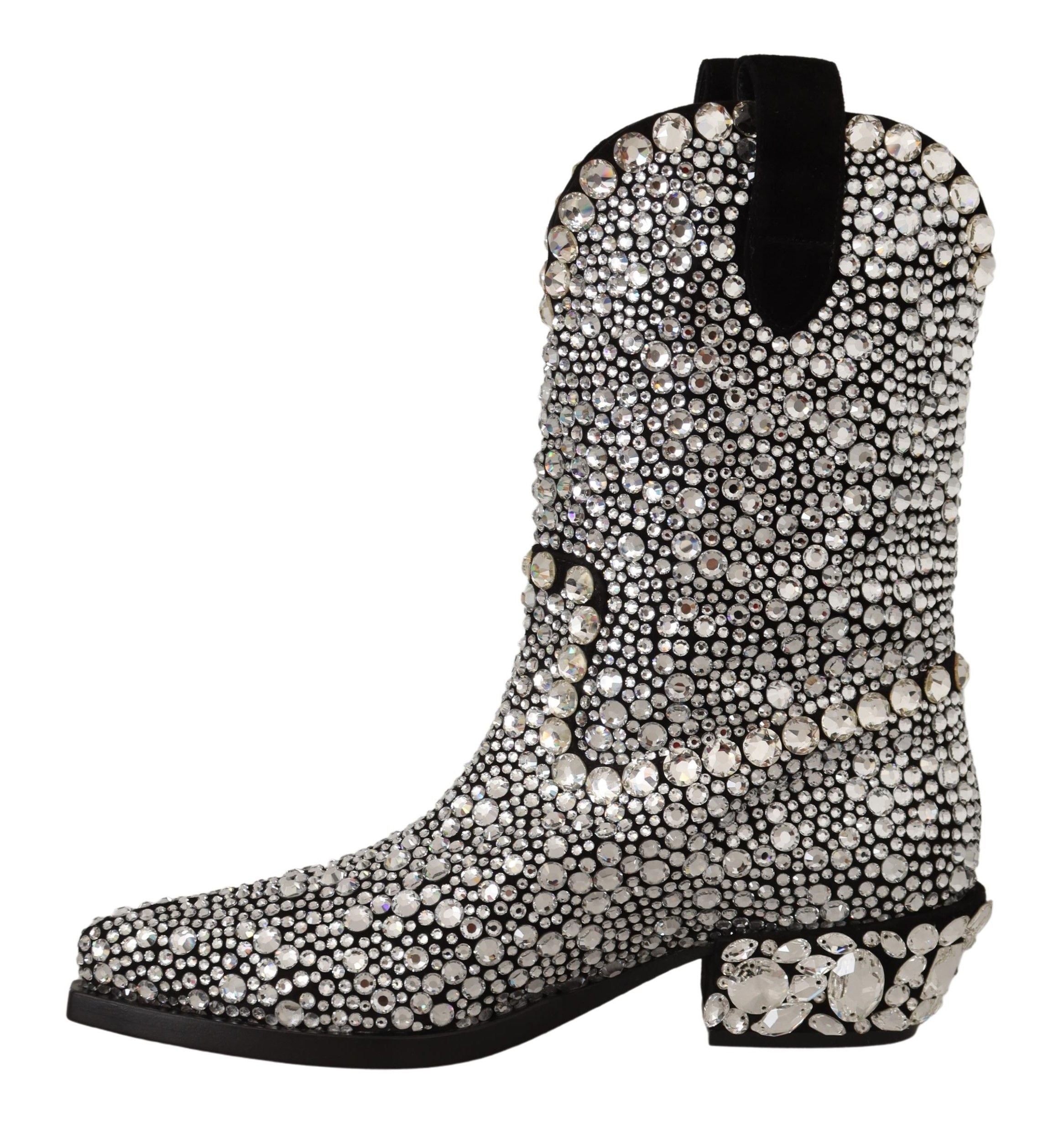 Dolce & Gabbana Black Suede Strass Crystal Cowgirl Boots - Zeiniez