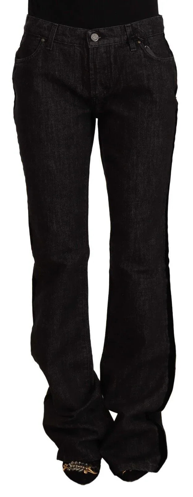 GF Ferre Black Mid Waist Cotton Denim Straight Boot Cut Jeans - Zeiniez