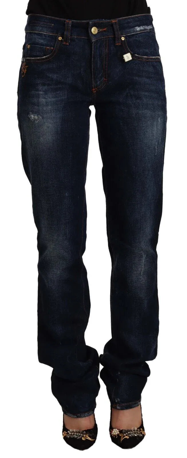 GF Ferre Dark Blue Washed Mid Waist Cotton Denim Straight Jeans - Zeiniez
