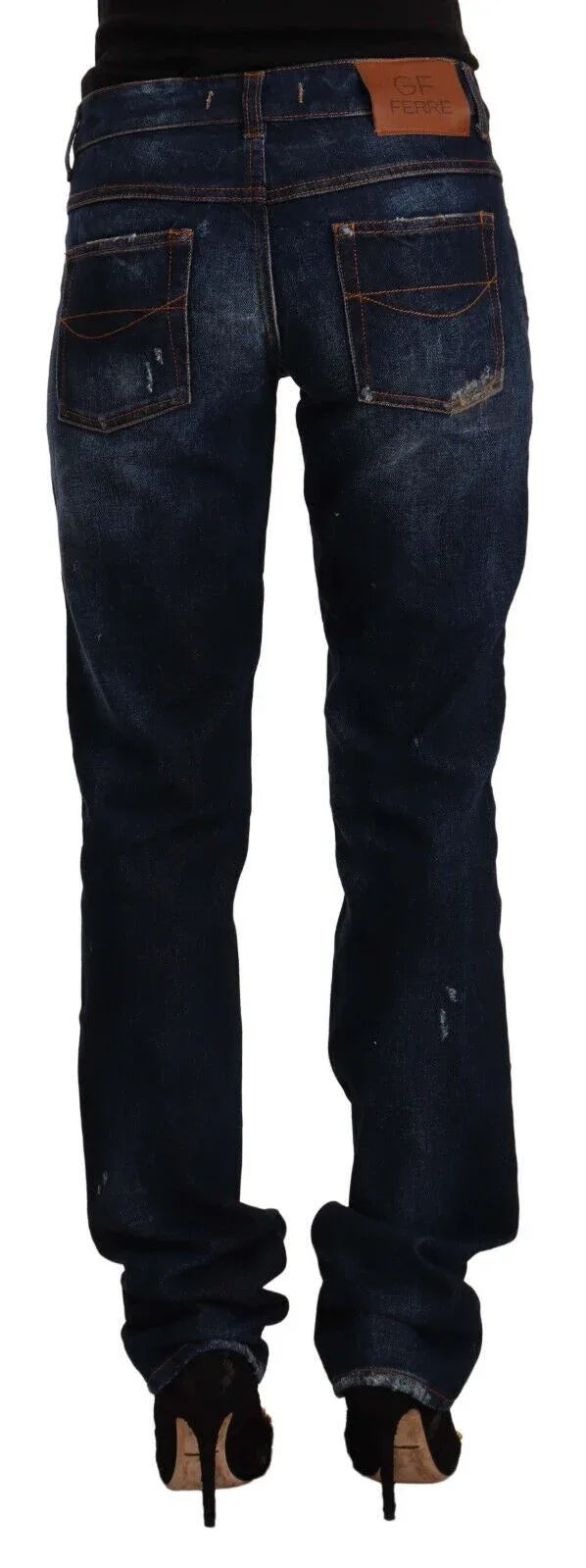 GF Ferre Dark Blue Washed Mid Waist Cotton Denim Straight Jeans - Zeiniez
