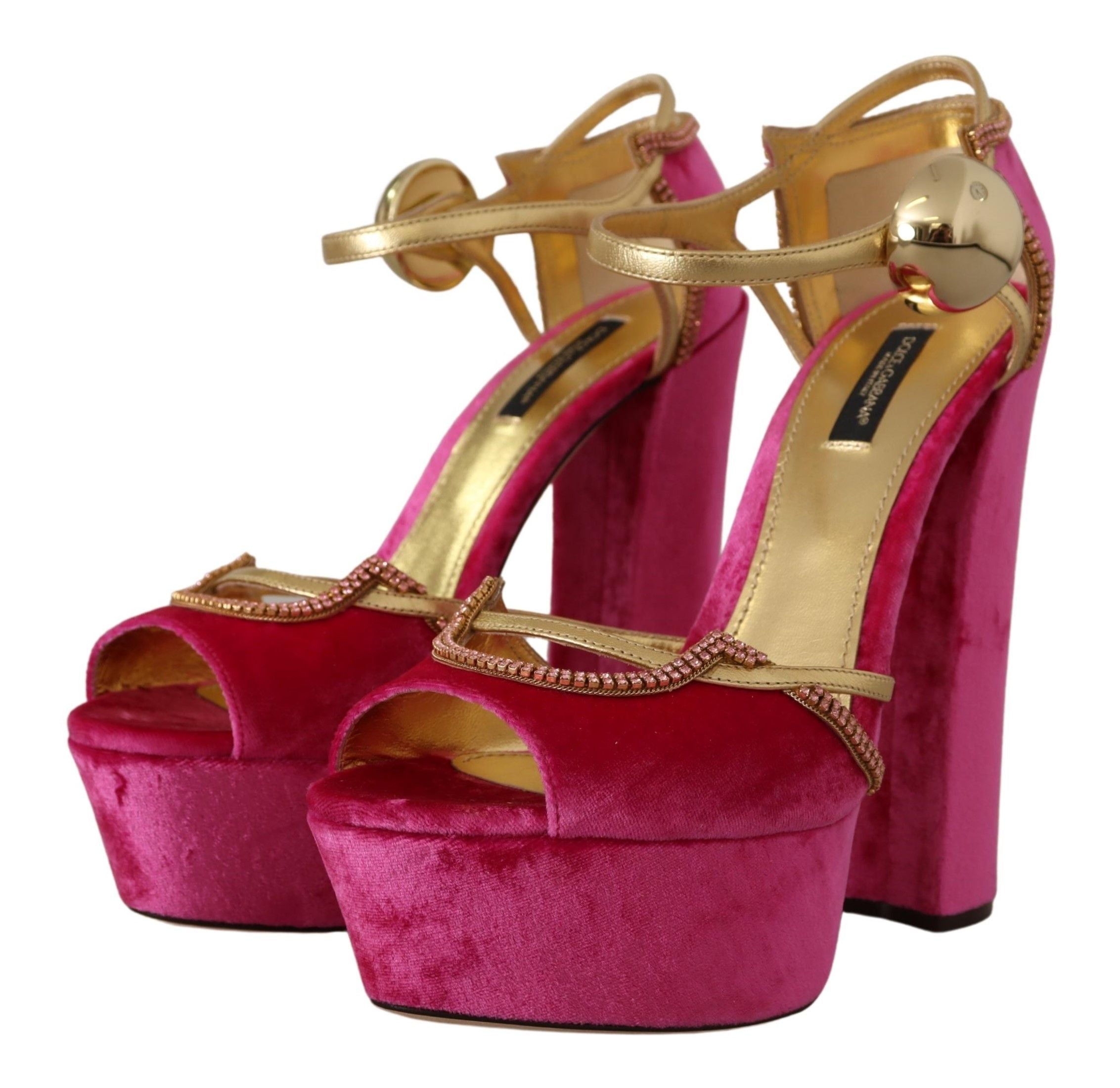 Dolce & Gabbana Pink Velvet Crystal Ankle Strap Sandals Shoes - Zeiniez
