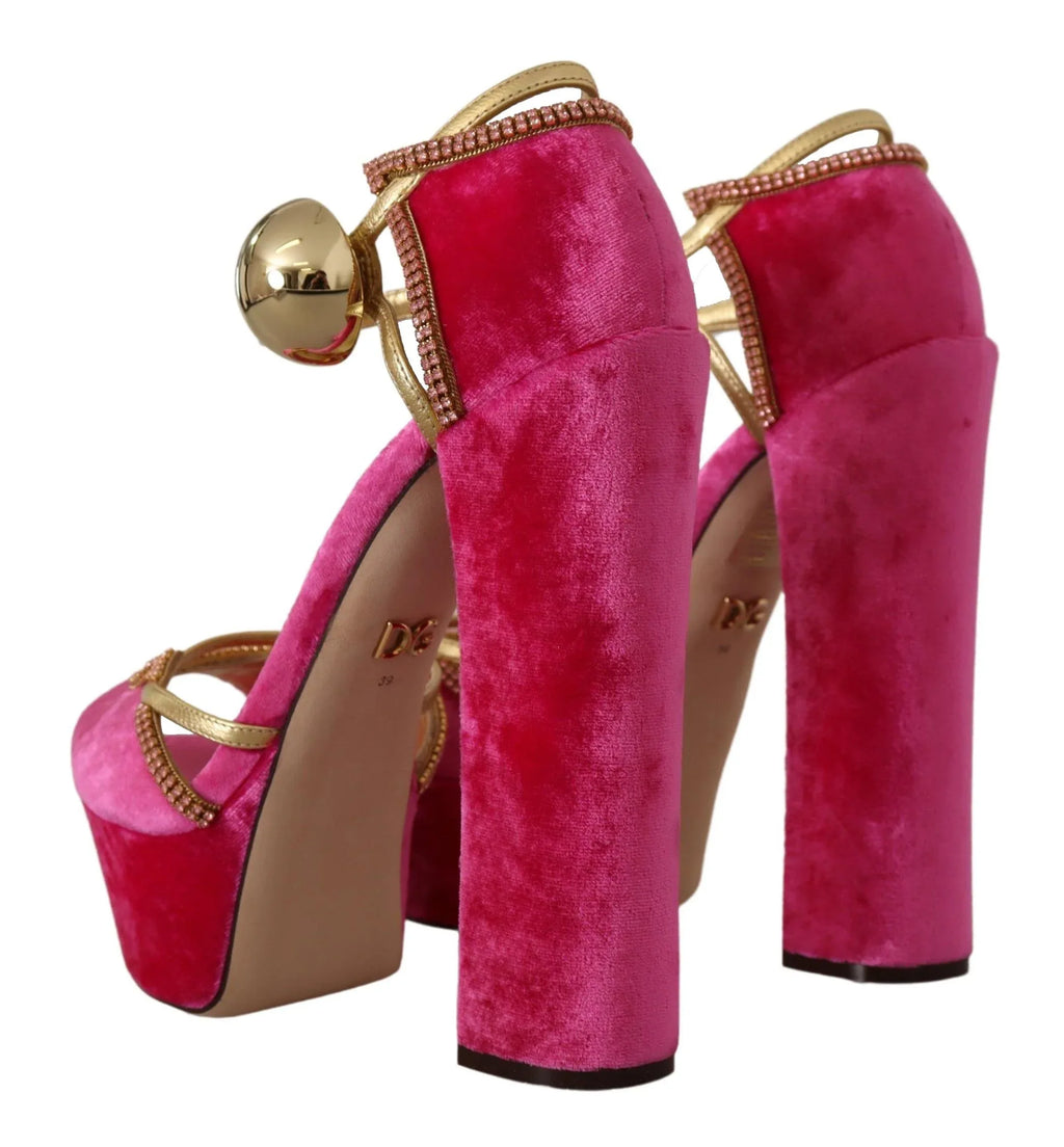 Dolce & Gabbana Pink Velvet Crystal Ankle Strap Sandals Shoes - Zeiniez