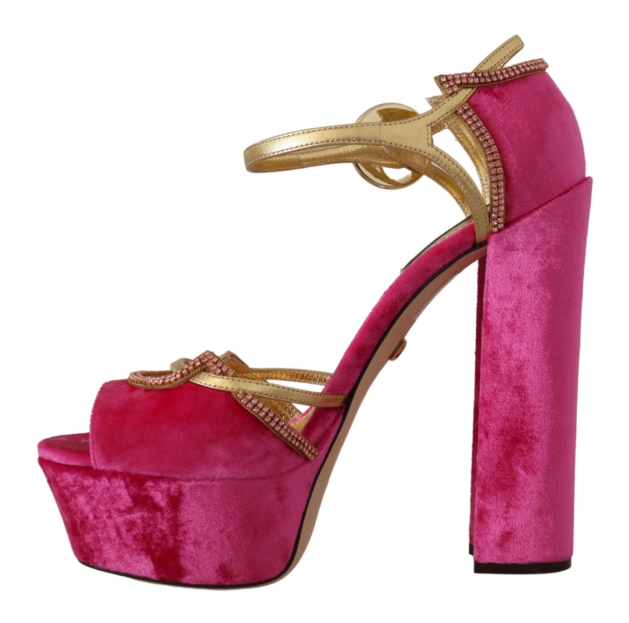 Dolce & Gabbana Pink Velvet Crystal Ankle Strap Sandals Shoes - Zeiniez