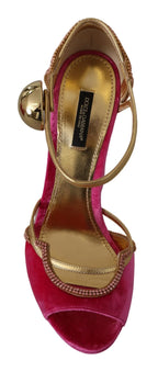 Dolce & Gabbana Pink Velvet Crystal Ankle Strap Sandals Shoes - Zeiniez