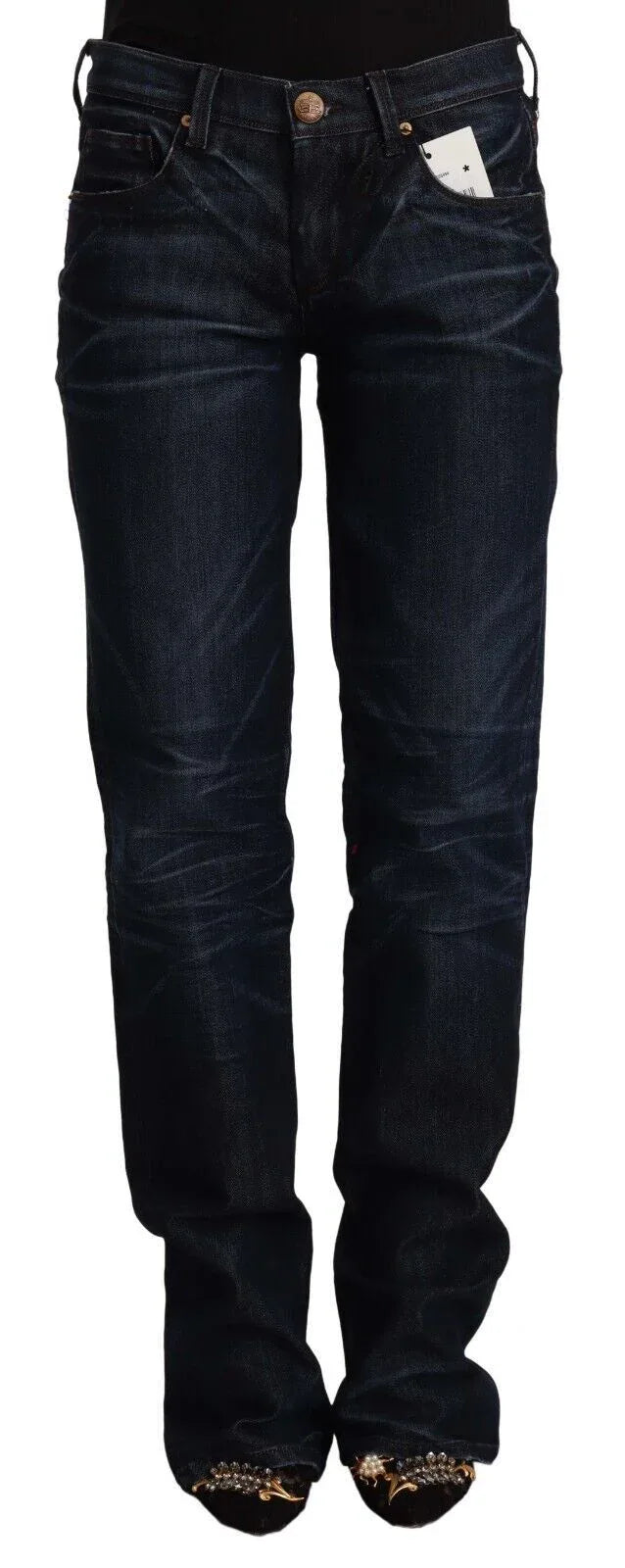 Ermanno Scervino Dark Blue Mid Waist Cotton Denim Straight Jeans - Zeiniez