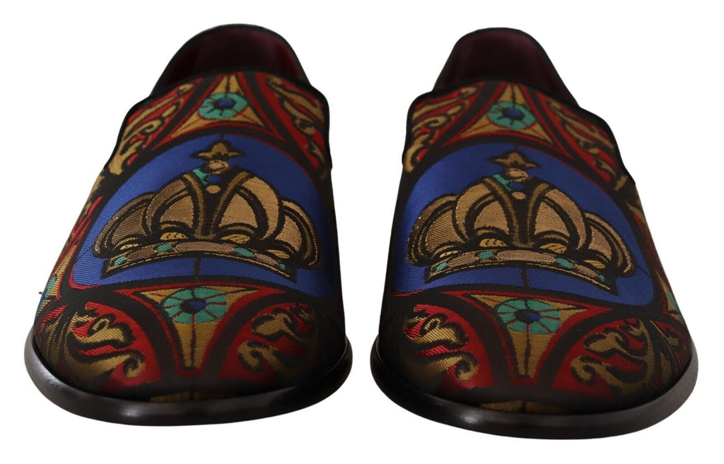 Dolce & Gabbana Multicolor Jacquard Crown Slippers Loafers Shoes - Zeiniez