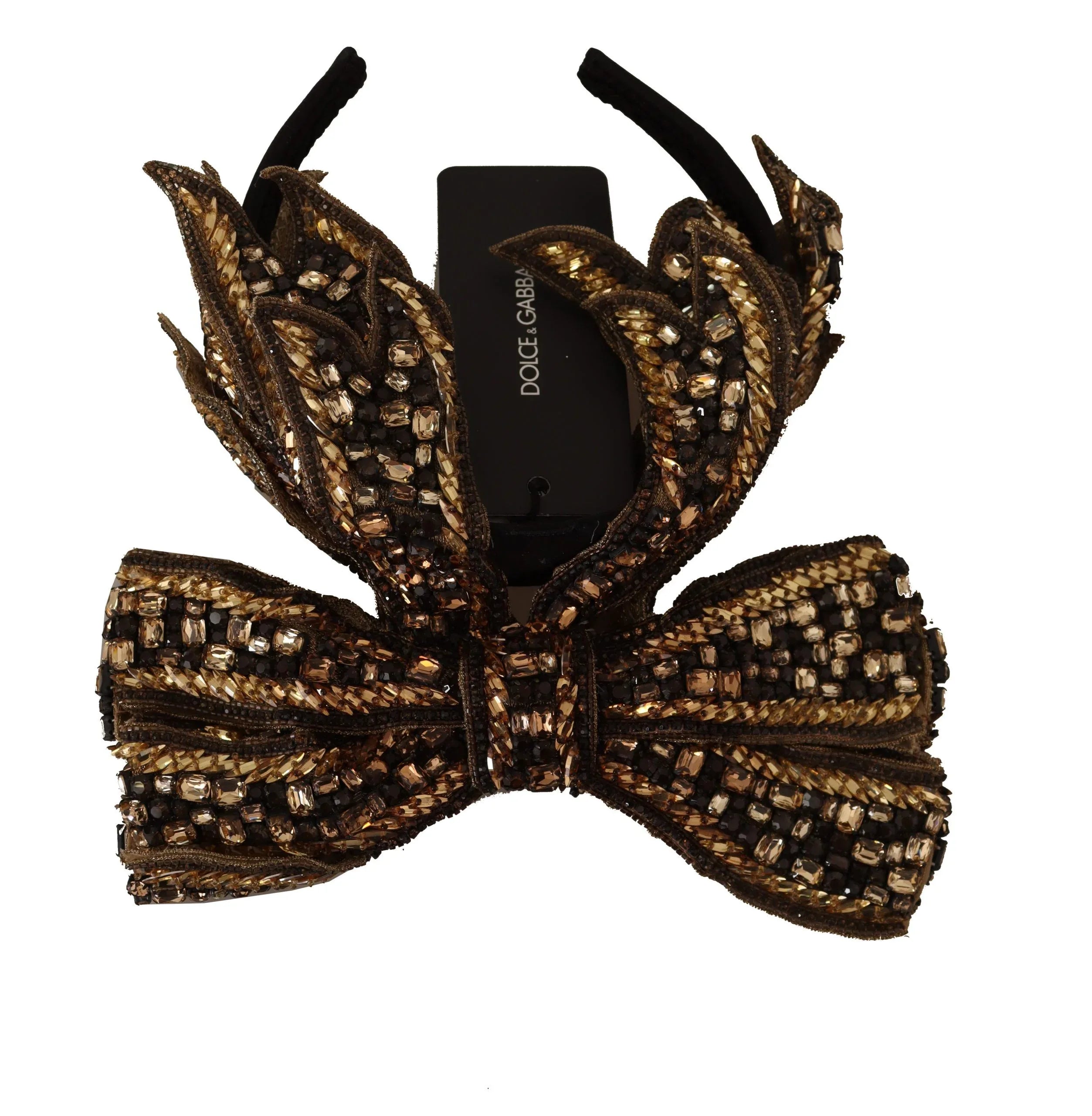 Dolce & Gabbana Gold Crystal Beaded Sequined Silk Bow Headband Diadem - Zeiniez
