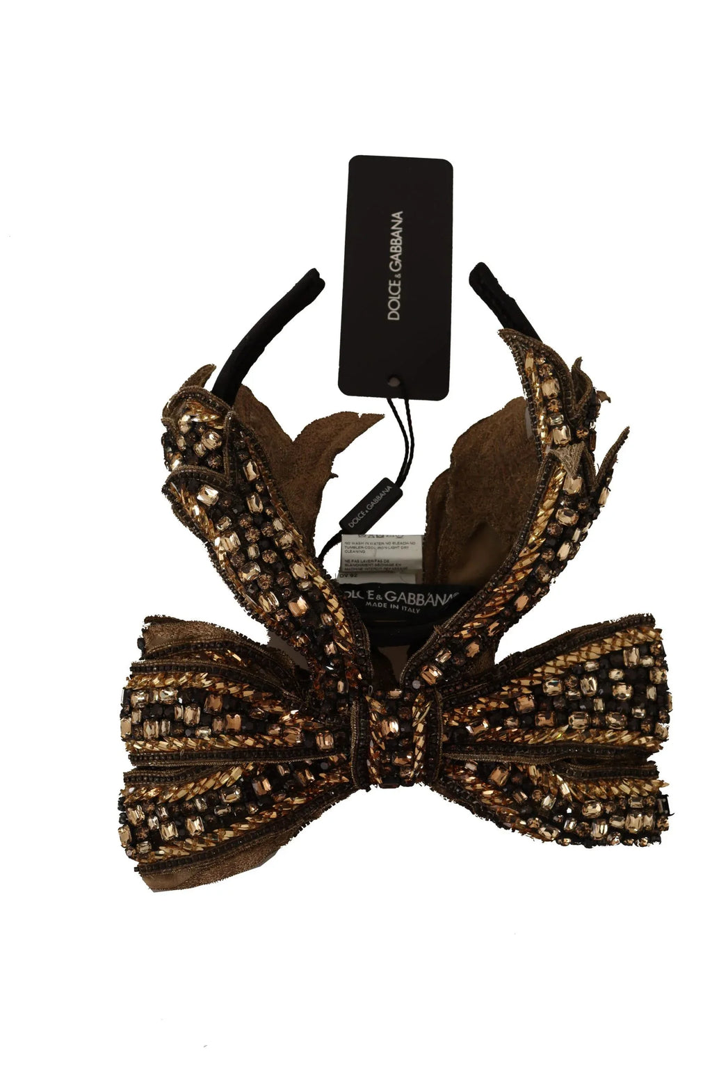 Dolce & Gabbana Gold Crystal Beaded Sequined Silk Bow Headband Diadem - Zeiniez