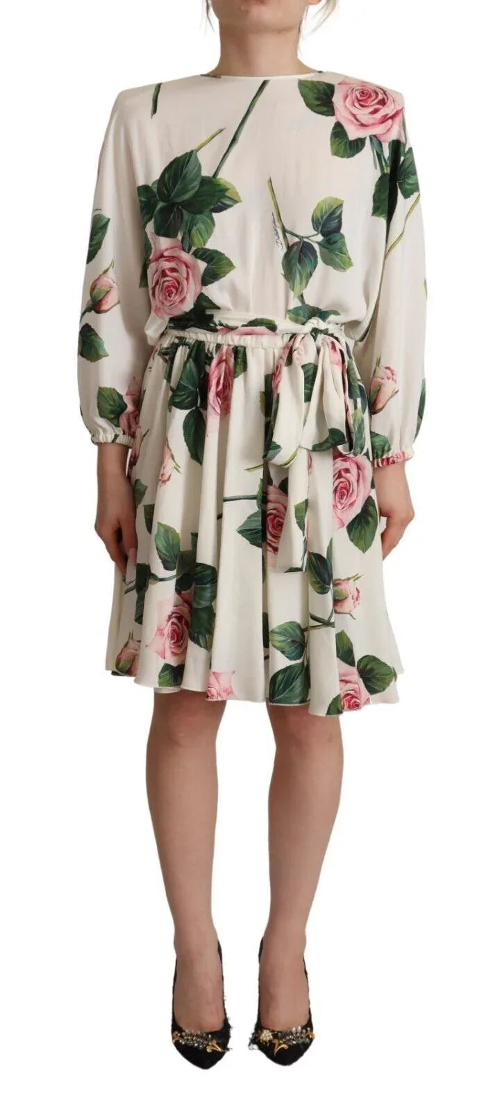 Dolce & Gabbana White Rose Print Long Sleeves A-line Dress - Zeiniez