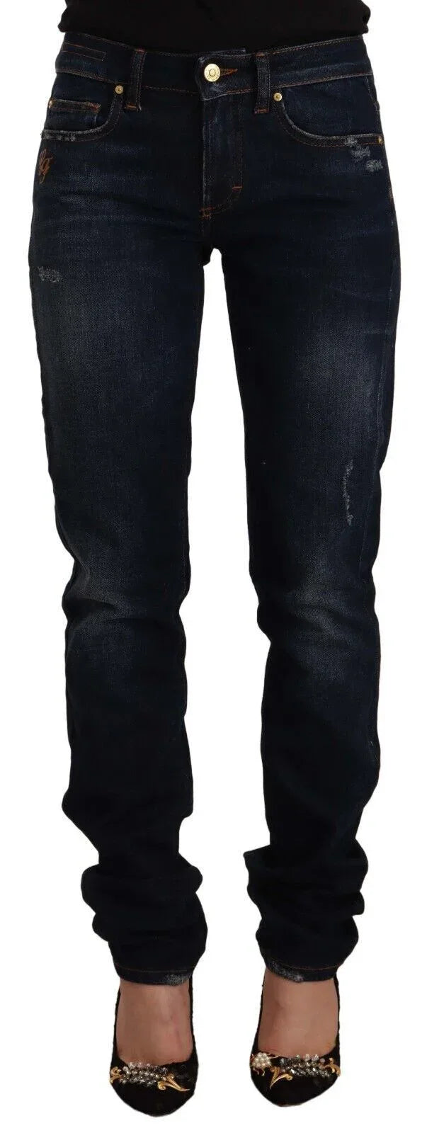 GF Ferre Dark Blue Washed Mid Waist Cotton Denim Skinny Jeans - Zeiniez