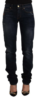 GF Ferre Dark Blue Washed Mid Waist Cotton Denim Skinny Jeans - Zeiniez