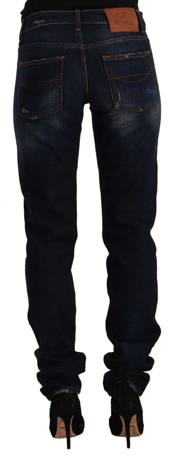 GF Ferre Dark Blue Washed Mid Waist Cotton Denim Skinny Jeans - Zeiniez