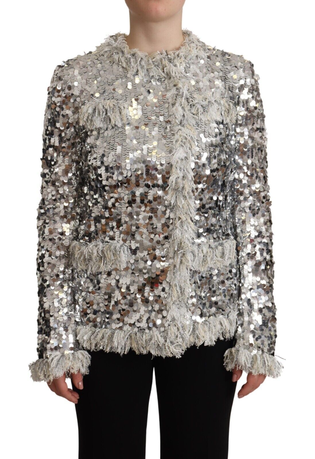 Dolce & Gabbana Silver Sequined Shearling Long Sleeves Jacket - Zeiniez