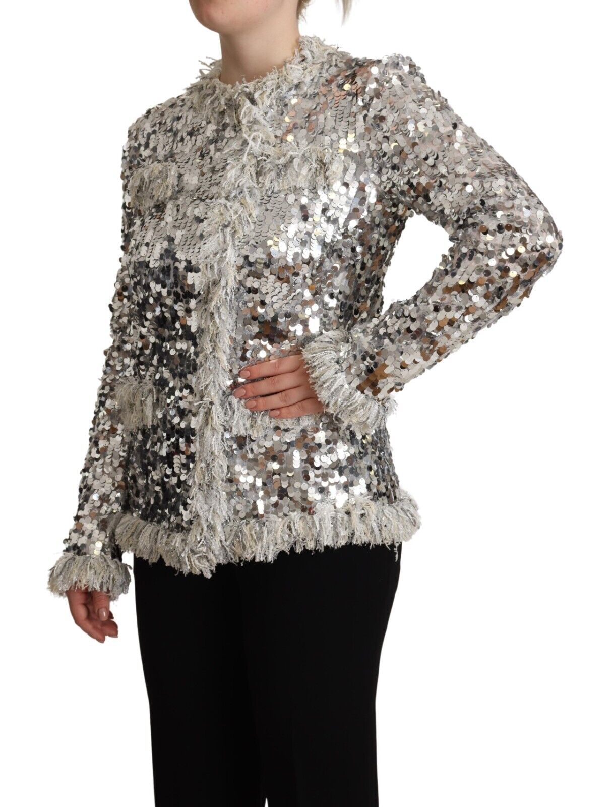 Dolce & Gabbana Silver Sequined Shearling Long Sleeves Jacket - Zeiniez