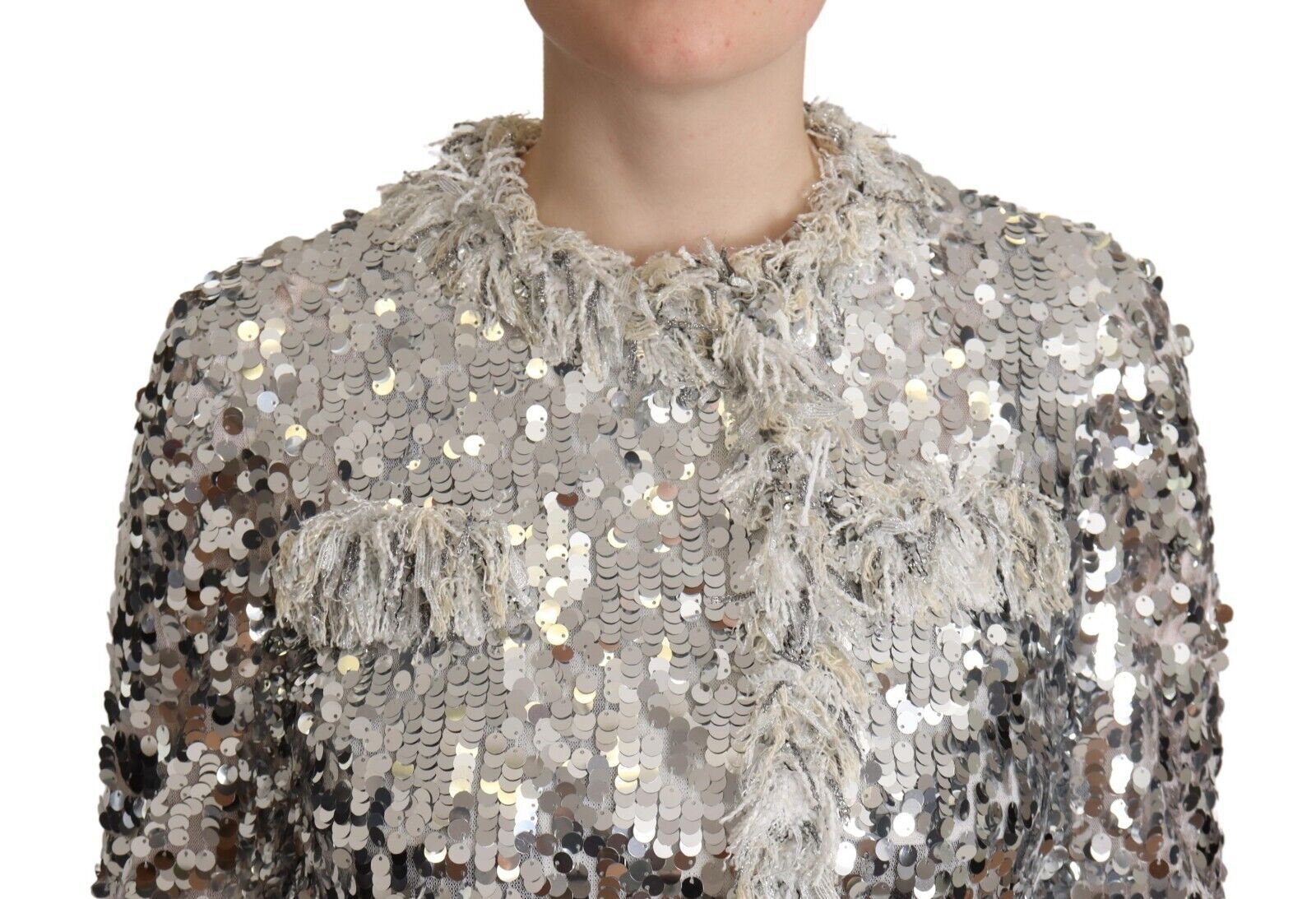 Dolce & Gabbana Silver Sequined Shearling Long Sleeves Jacket - Zeiniez