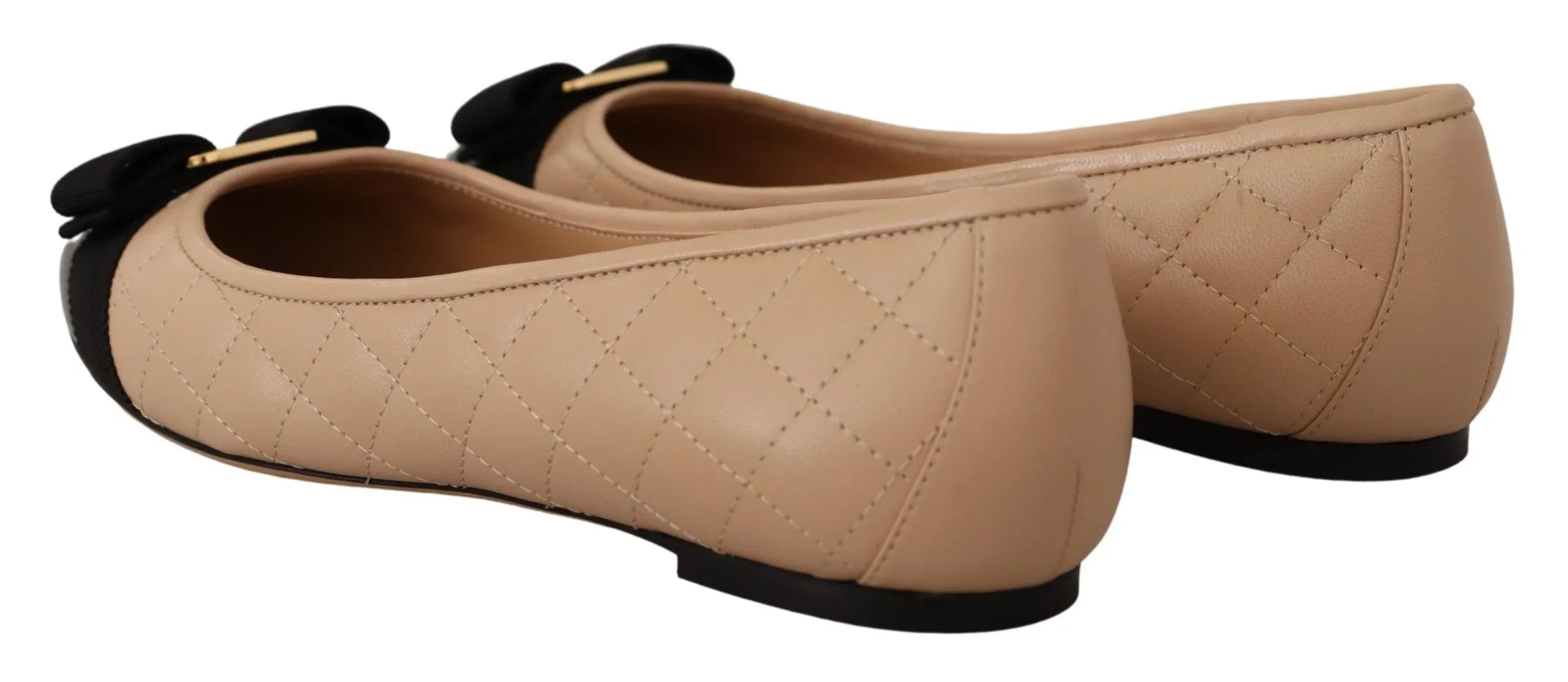 Salvatore Ferragamo Beige and Black Nappa Leather Ballet Flat Shoes - Zeiniez