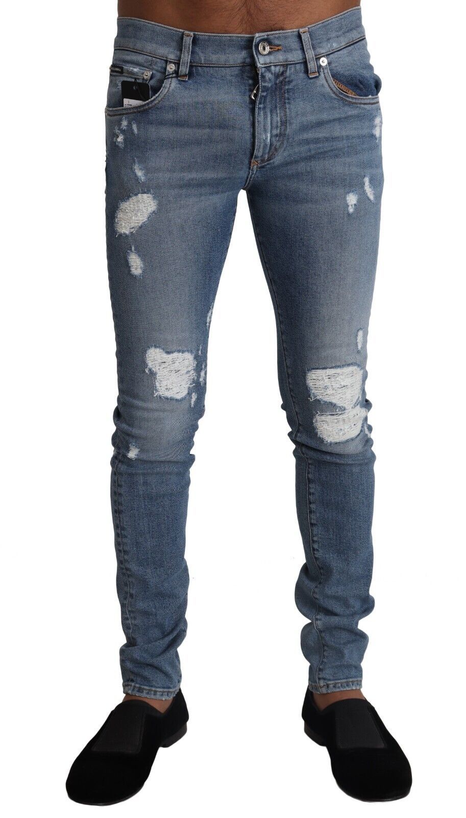 Dolce & Gabbana Light Blue Tattered Cotton Denim Skinny Jeans - Zeiniez