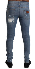 Dolce & Gabbana Light Blue Tattered Cotton Denim Skinny Jeans - Zeiniez