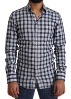 Dolce & Gabbana Blue White Check Cotton Slim Fit GOLD Shirt - Zeiniez