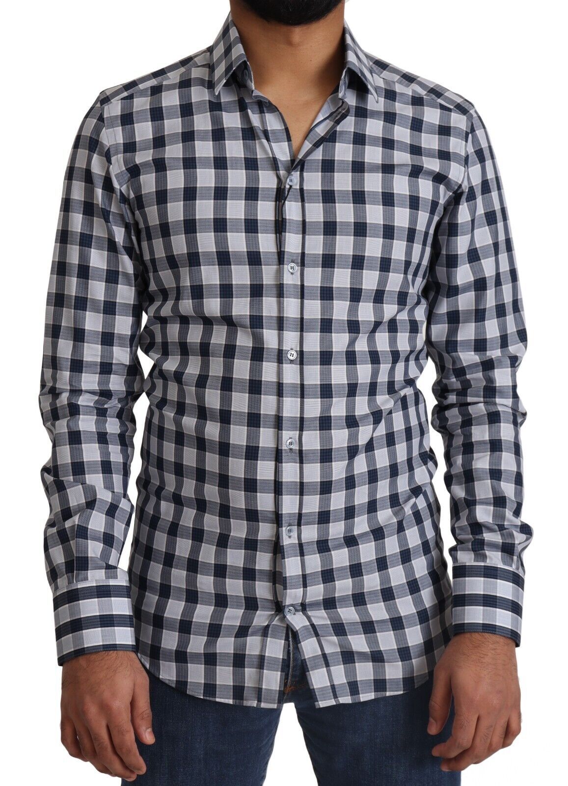 Dolce & Gabbana Blue White Check Cotton Slim Fit GOLD Shirt - Zeiniez