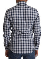 Dolce & Gabbana Blue White Check Cotton Slim Fit GOLD Shirt - Zeiniez