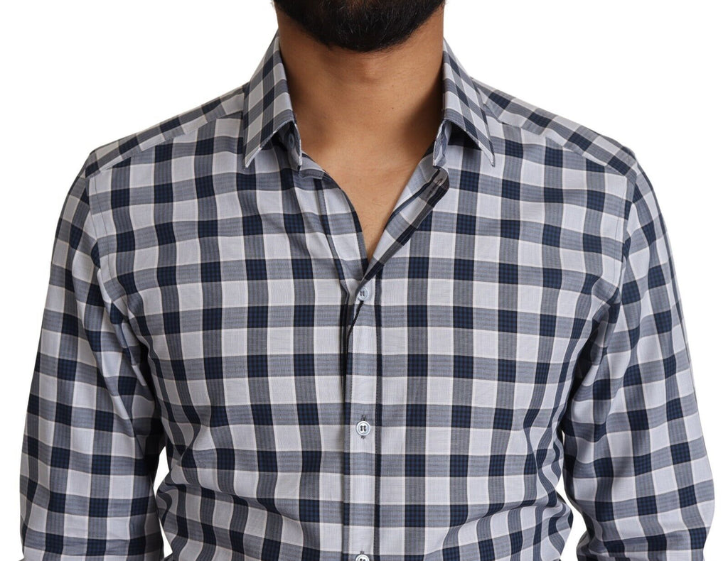 Dolce & Gabbana Blue White Check Cotton Slim Fit GOLD Shirt - Zeiniez