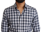 Dolce & Gabbana Blue White Check Cotton Slim Fit GOLD Shirt - Zeiniez