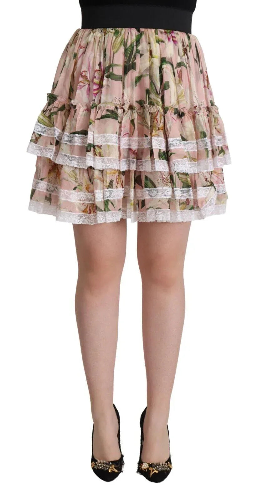 Dolce & Gabbana Pink Lily Print Silk Mini Tiered A-line Skirt - Zeiniez