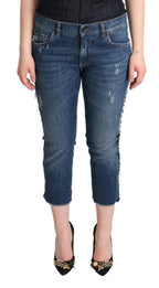 Dolce & Gabbana Blue Washed Mid Waist Denim Logo Cropped Jeans - Zeiniez