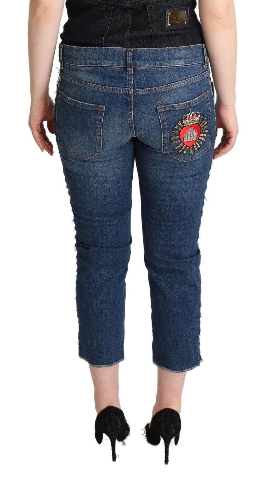Dolce & Gabbana Blue Washed Mid Waist Denim Logo Cropped Jeans - Zeiniez