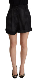 Dolce & Gabbana Black Stripes Wool High Waist Trouser Bermuda Shorts - Zeiniez