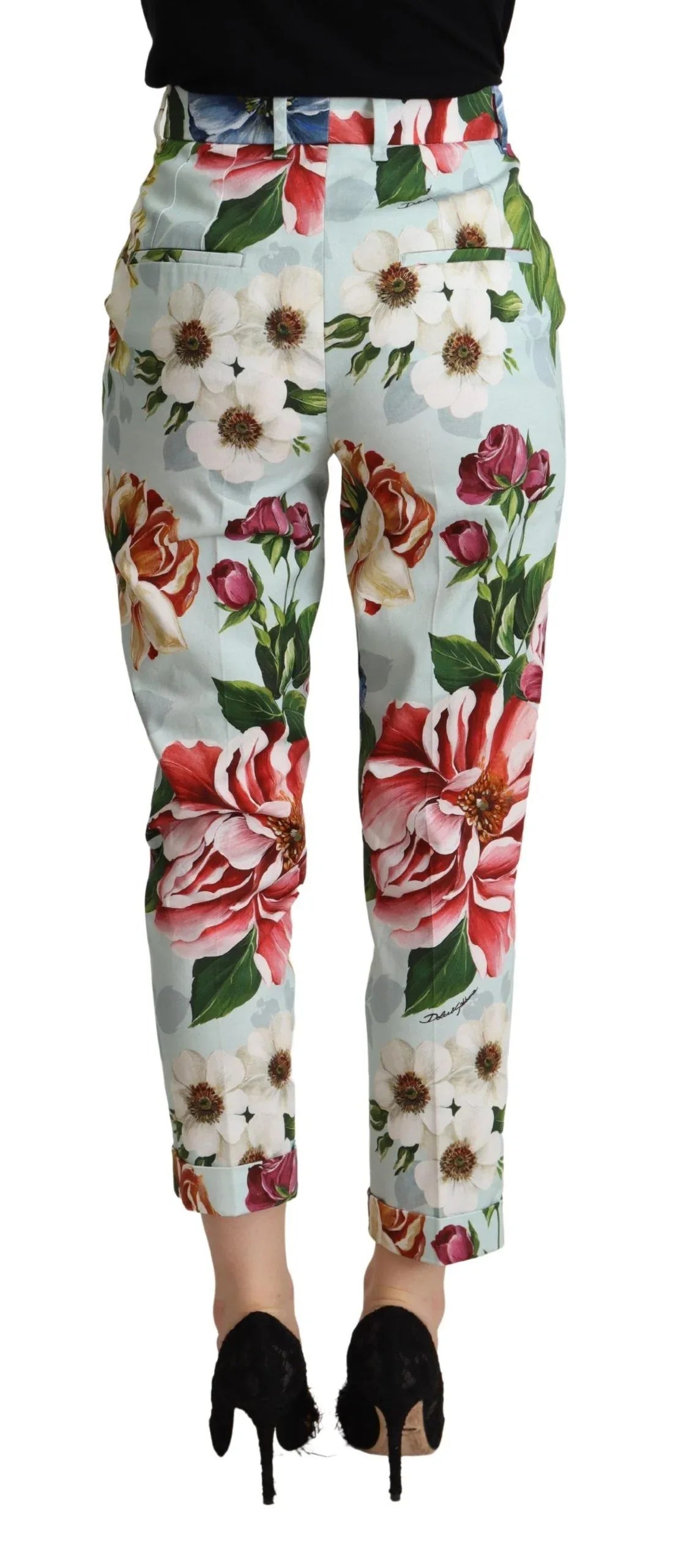 Dolce & Gabbana Light Blue Fiori Print Cotton Trouser Tapered Pants - Zeiniez
