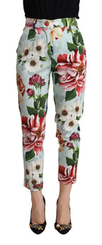 Dolce & Gabbana Light Blue Fiori Print Cotton Trouser Tapered Pants - Zeiniez