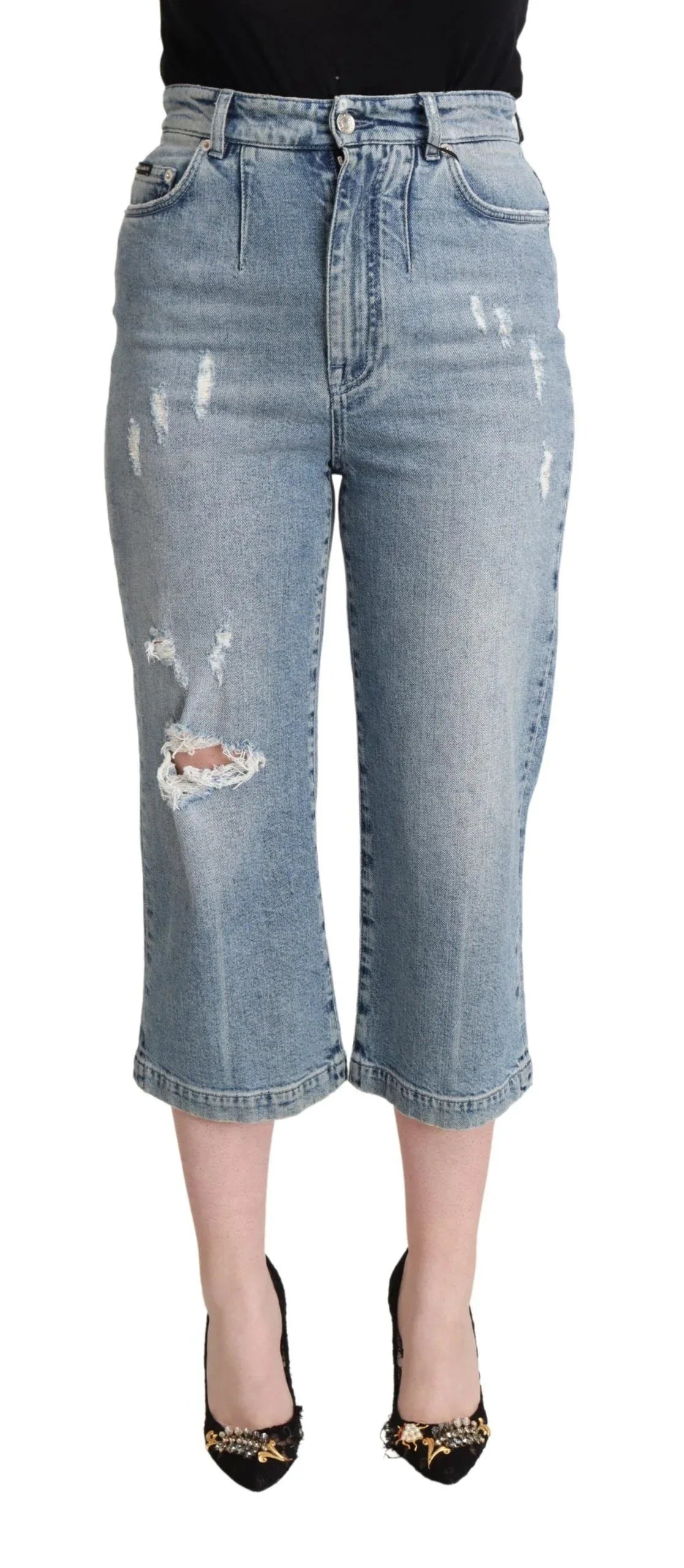 Dolce & Gabbana Blue Tattered Cotton Denim Capri Cropped Jeans - Zeiniez