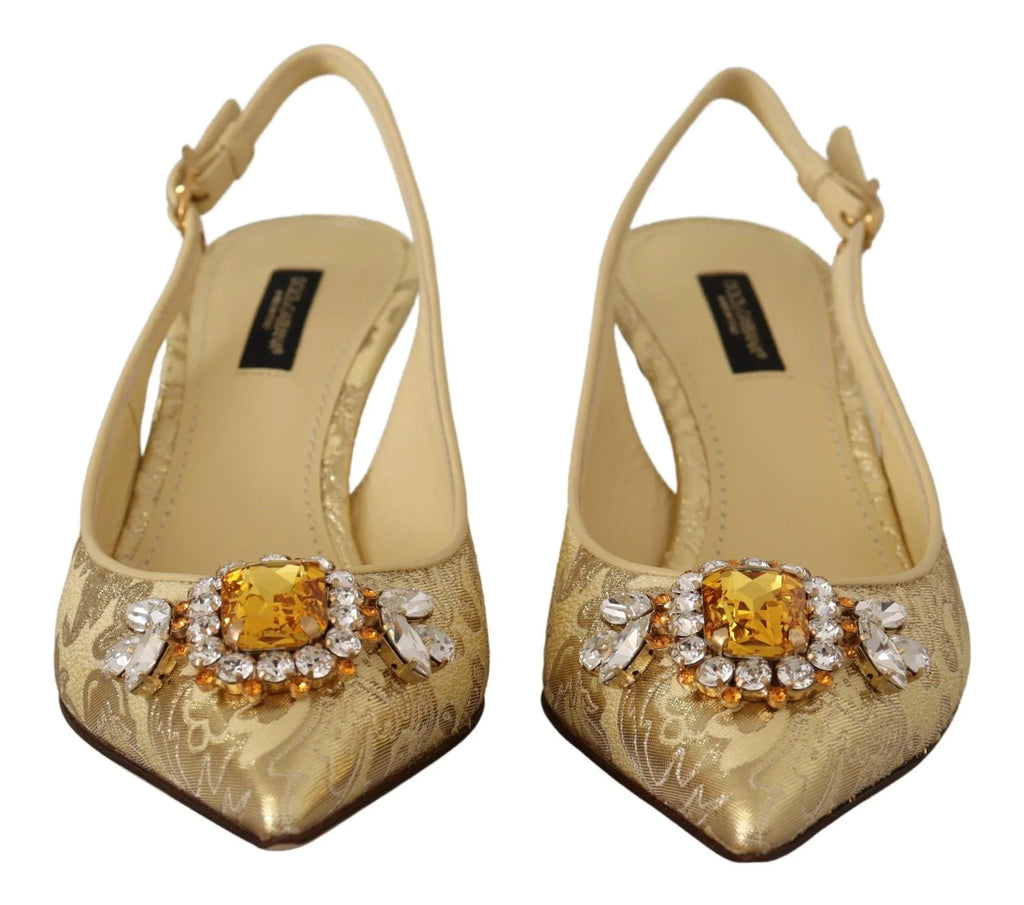 Dolce & Gabbana Gold Crystal Slingbacks Pumps Heels Shoes - Zeiniez